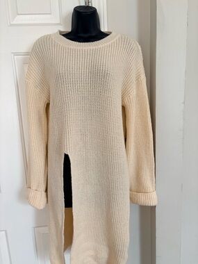 Cream Long Knit Sweater with Side Slit - Women